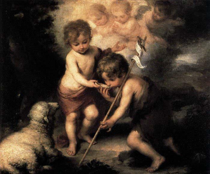 Bartolome Esteban Murillo ) Infant Christ Offering a Drink of Water to St John oil painting image